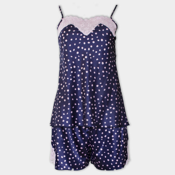 In comfy pjs - Удобни пижами и халати - Дамска лятна сатенена пижама с потник с тънка презрамка и сатенени къси панталонки, дантела, Афект