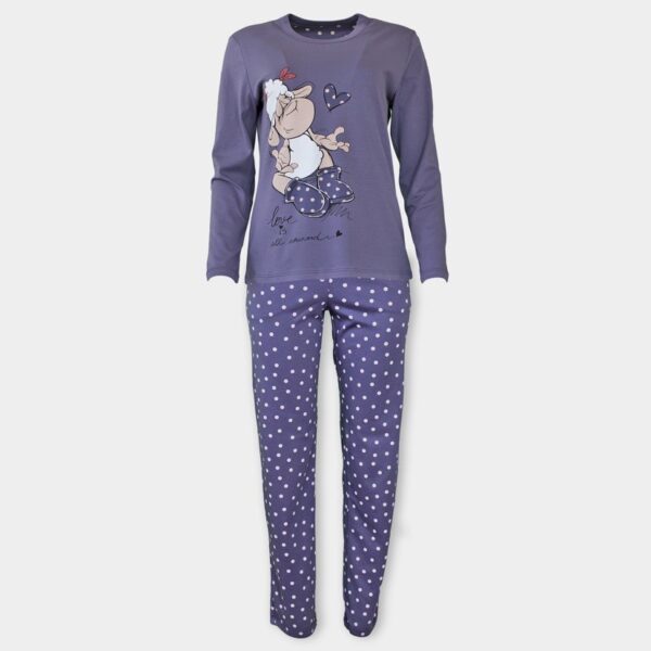In comfy pjs - Удобни пижами и халати - Дамска памучна пижама зимна с щампа овца, с дълъг ръкав и дълъг панталон, лилава