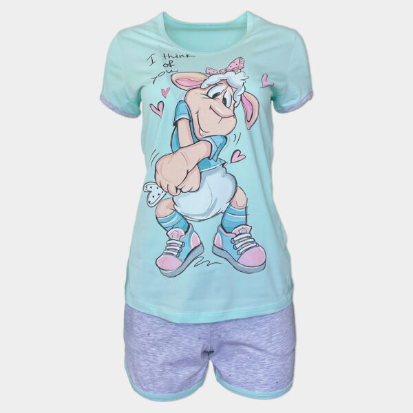 Incomfypjs- удобни пижами и халати - Дамска лятна памучна пижама цвят мента, с къс ръкав с къси панталонки с блестящи камъчета и странични джобове, Affect