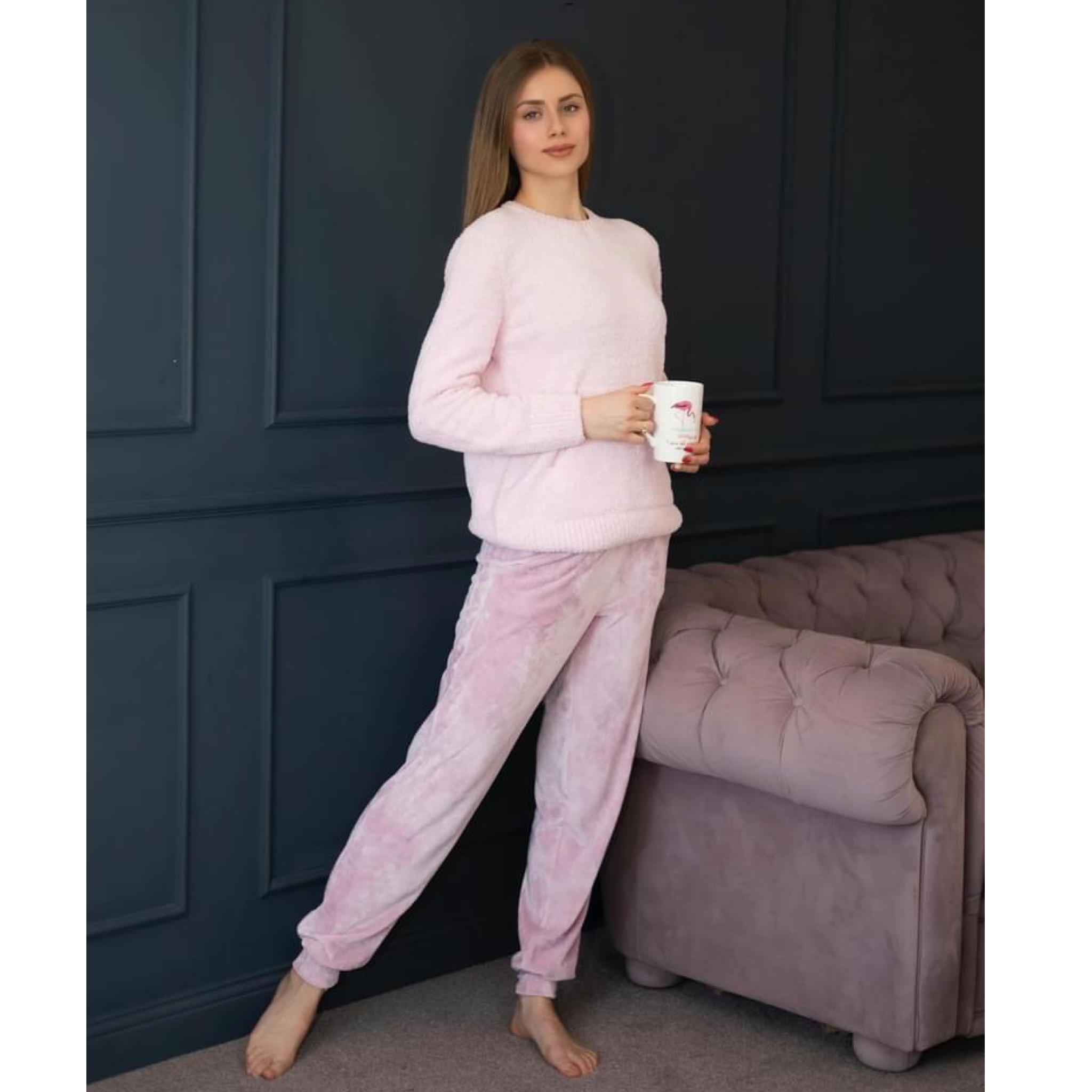 Дамски Зимен Домашен Комплект с дълъг ръкав Pink от Афект