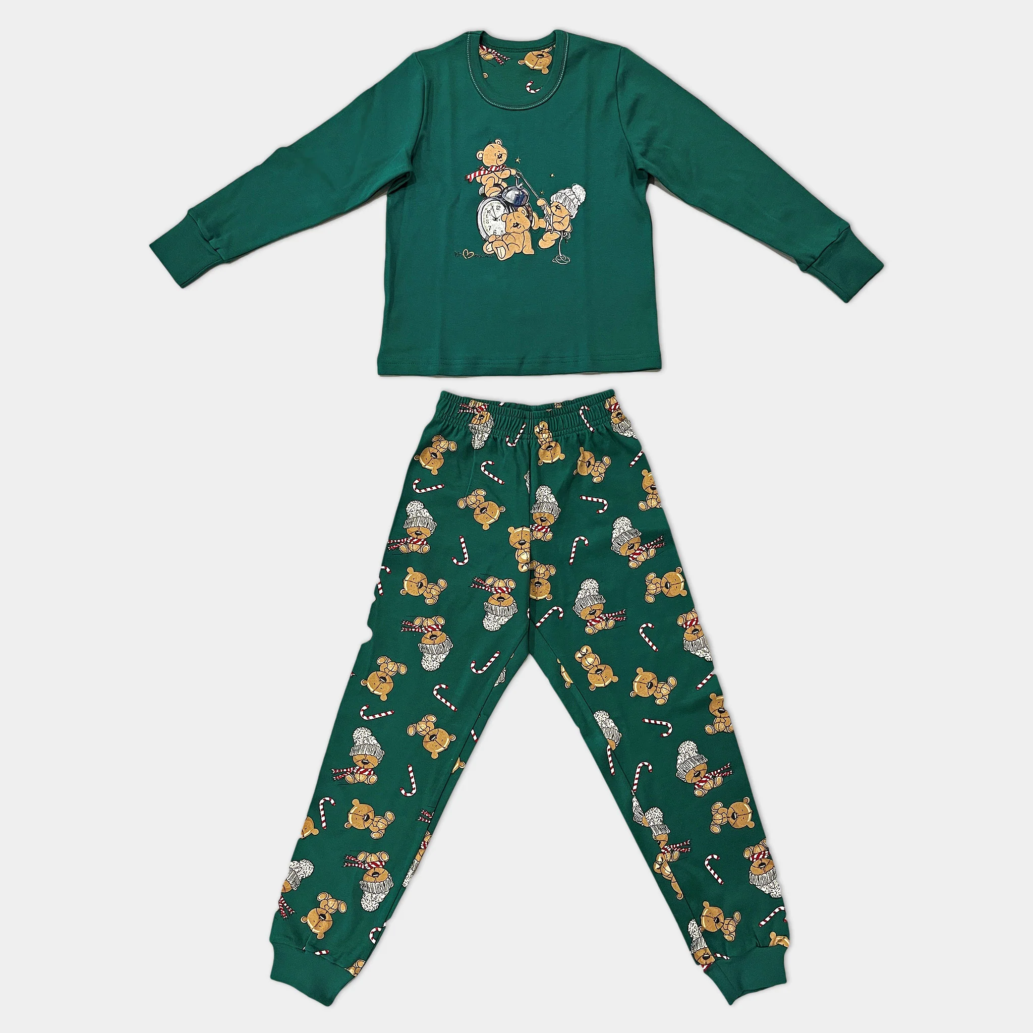 Коледни пижами; Детска коледна зимна памучна пижама Мечета зелен цвят, Афект