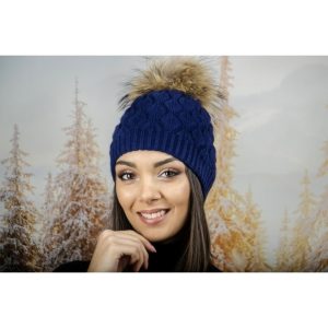 Дамска Зимна Шапка Ангора Помпон Естествен Пух В Тъмносиньо