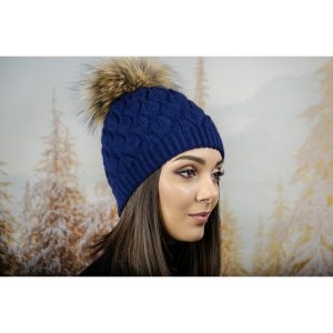 Дамска Зимна Шапка Ангора Помпон Естествен Пух В Тъмносиньо
